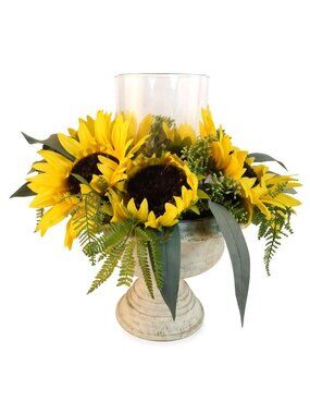Sunflower Candle Holder Arrangement w/ Glass Hurricane on Distressed Pedestal